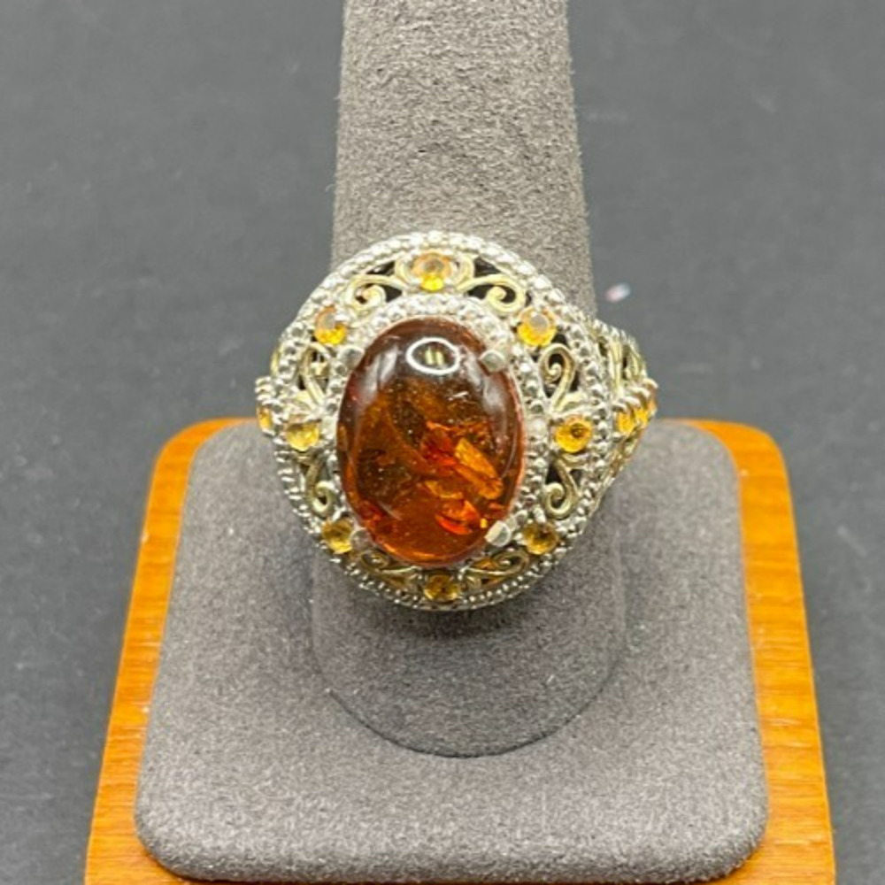 STS 925 Sterling Silver Amber Cabochon Citrine Filigree Cocktail Ring Size 10